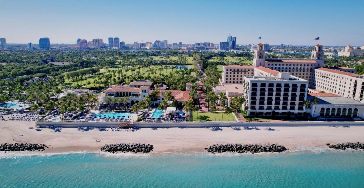 drone flyover of The Ocean Course at The Breakers Hotel West Palm Beach Florida on Palm Beach Island on the Atlantic Ocean