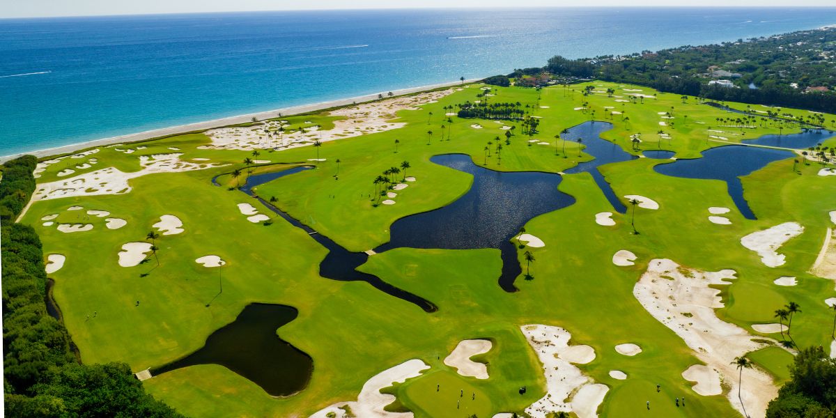 aerial image of one of the top 10 golf courses in Florida, the seminole golf club in juno beach